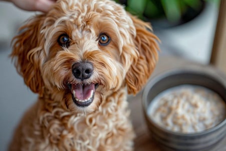 Portrait of a smiling Labradoodle sitting patiently as its owner gives it a bowl of oatmeal