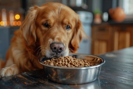 A pet owner carefully measuring dog kibble into a bowl, with a curious Labrador Retriever watching in the background