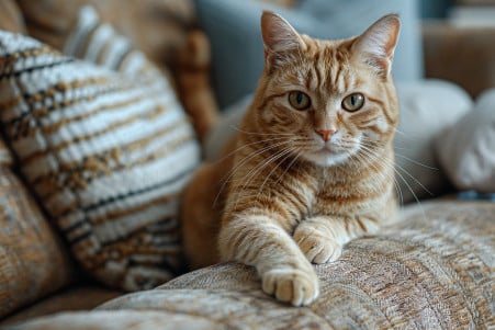 Orange tabby cat kneading a plush cushion in a cozy living room setting