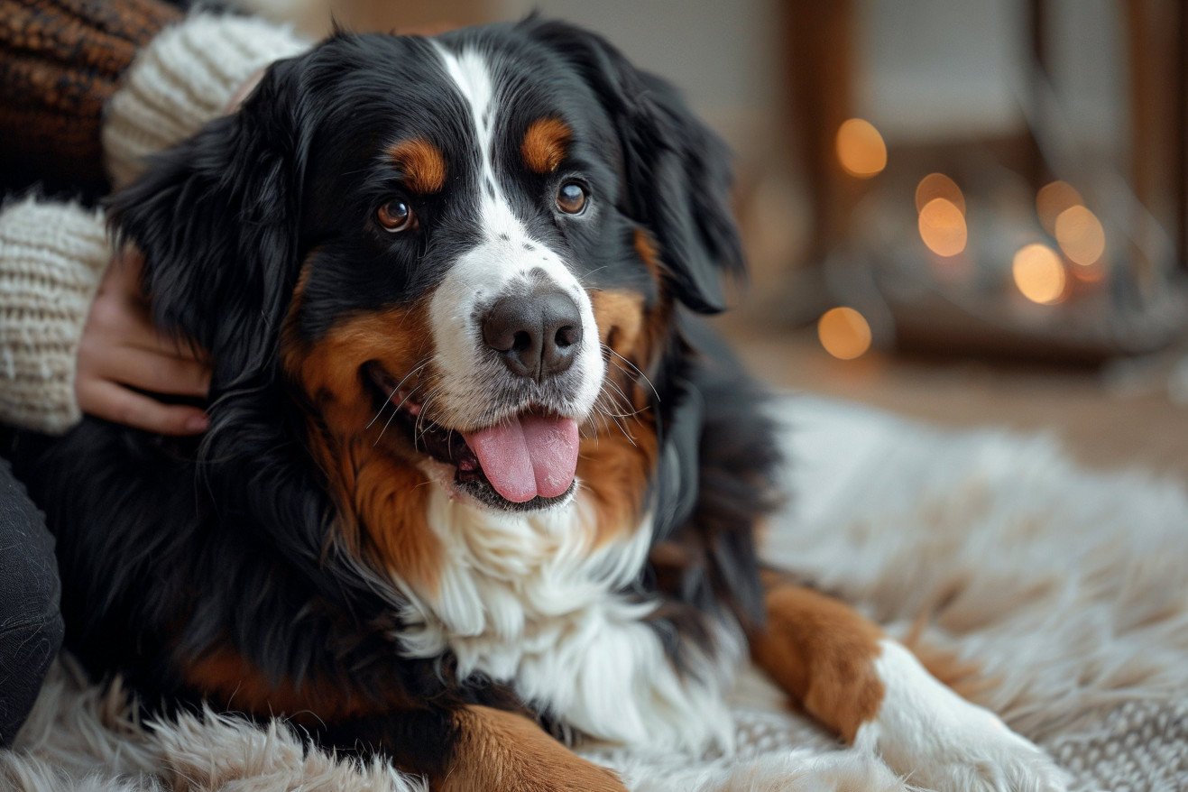 Bernese mountain dog lying on a rug, happily wagging its tail as its owner scratches the base of its tail