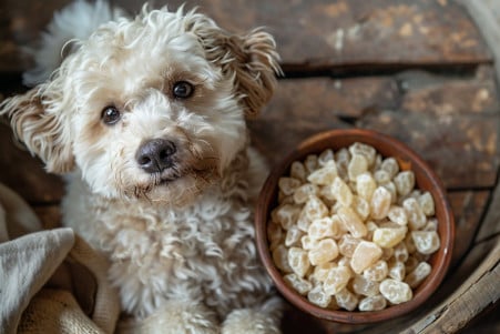 High-angle photo of a fluffy white Poodle dog laying next to an open jar of frankincense resin, with a calm, peaceful expression