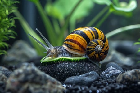 Close-up of a brown and yellow striped mystery snail eating a slice of blanched zucchini surrounded by river rocks and aquarium plants