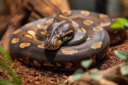 A ball python curled up and partially buried in wood chips, appearing dormant