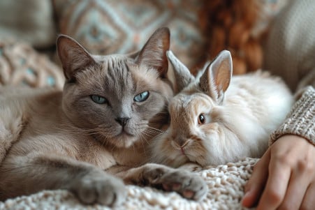Owner gently petting a Burmese cat and Angora rabbit simultaneously on a couch, showcasing their relaxed and comfortable coexistence