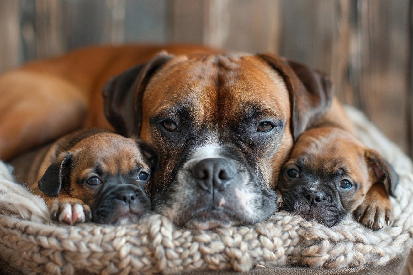 Female Boxer dog resting in a whelping box, surrounded by two nursing Boxer puppies