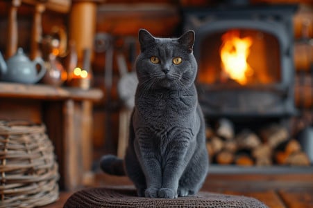 Sleek, dark grey Chartreux cat standing upright and staring intensely at the camera in a rustic cabin interior