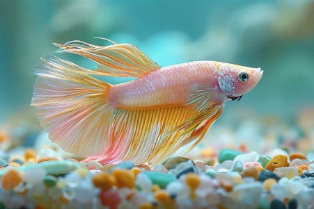 Pastel-colored veiltail betta fish laying motionless on the bottom of an overstocked aquarium