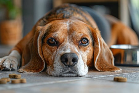 Beagle with dull, dry fur and a tired expression laying on a tile floor surrounded by scattered dog food and a water bowl