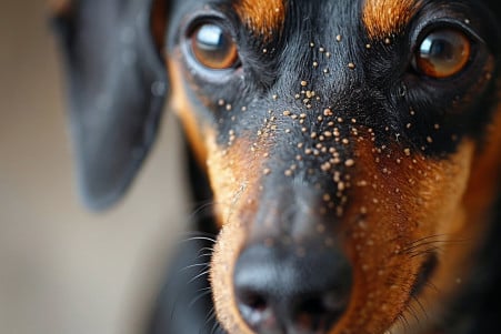 Close-up of a Dachshund's head and neck area, revealing small pale-colored parasites crawling on the skin
