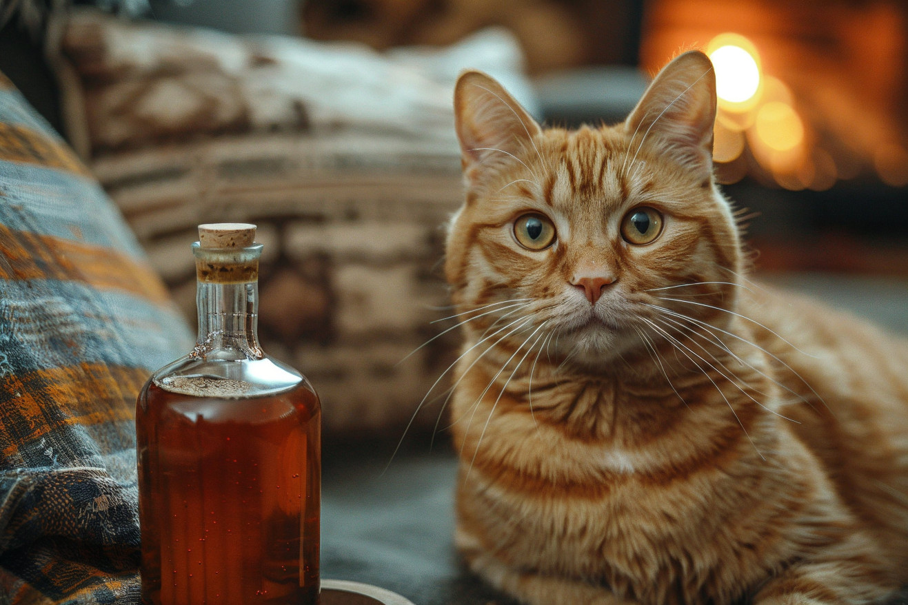 Orange tabby cat sitting next to a bottle of maple syrup, looking directly at the camera with a curious expression