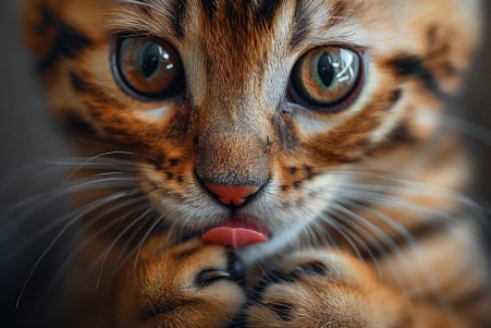 Close-up portrait of a Bengal kitten with a spotted coat, grooming its paws with its rough tongue