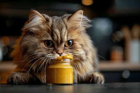 Fluffy Persian cat sniffing at a jar of yellow mustard on a kitchen counter