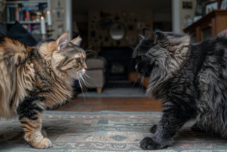 Two Maine Coon cats, one black and one tabby, engaged in a snarling standoff in a living room, with a concerned owner watching in the background