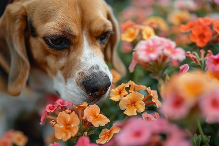 Concerned Beagle owner pulling their dog's leash as the Beagle tries to sniff at a cluster of orange and pink lantana blooms
