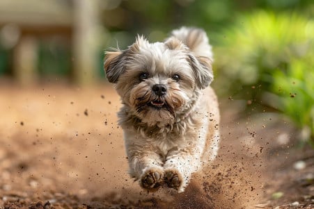 Photorealistic image of a Shih Tzu dog kicking up dirt with its back paws in a serene play park setting