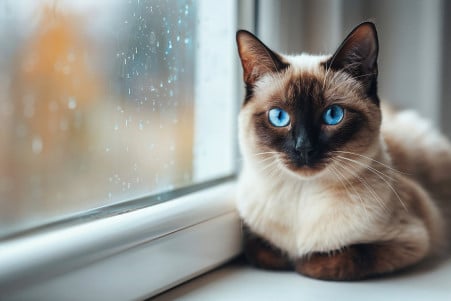 Elegant Siamese cat with a creamy coat and blue eyes sitting on a windowsill, looking inquisitively at the camera