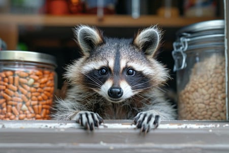 Raccoon with a mischievous expression crawling through an open window and rummaging through a kitchen cabinet