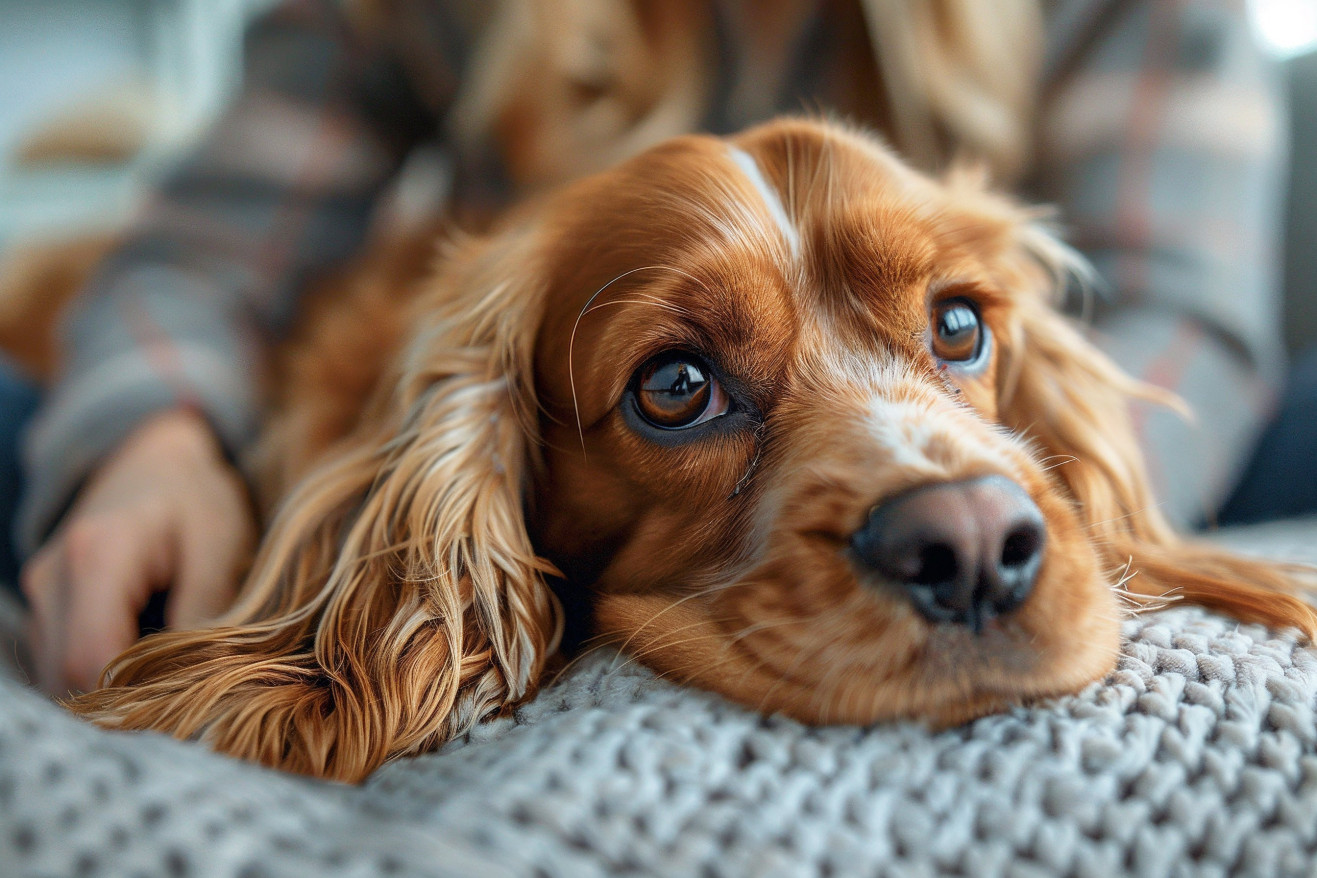 Cocker Spaniel lying in pain, with owner applying a cold compress post-spay surgery in a veterinary clinic