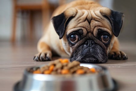 Pug standing next to an overturned water bowl, refusing to eat the dog food in front of it, with a wary expression on a sparse, clean background