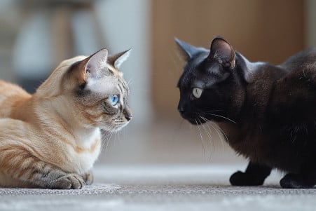 Two apprehensive cats meeting for the first time indoors, including a cautious Siamese and an Abyssinian with an arched back