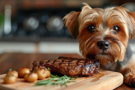 Close-up of a Yorkshire terrier sniffing a grilled steak on a cutting board