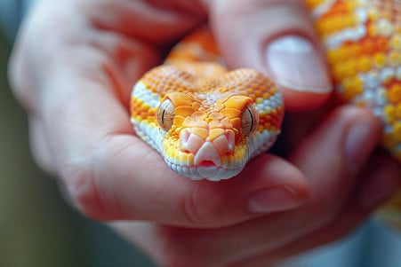 Close-up of a person's hand gently holding a calm corn snake