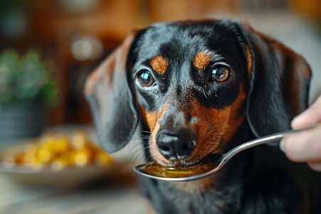Dachshund dog licking olive oil from a spoon held by a smiling owner in a cozy home setting