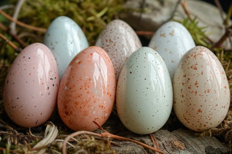 Assortment of lizard eggs in various colors and shapes, including white, tan, and pink ovals resting on a natural wooden surface with dried moss or grass