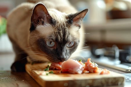 Overhead view of a Burmese cat sniffing a piece of raw chicken on a cutting board in a clean kitchen