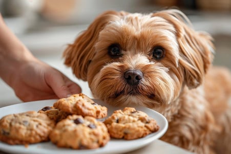 Shih Tzu dog sniffing a plate of chocolate chip cookies on a kitchen counter, with the owner's hand gently moving the cookies away