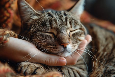 Calm, contented tabby cat slowly blinking at a person's hand in a peaceful indoor setting