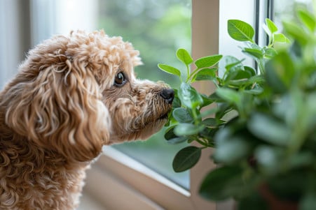 Close-up of a concerned-looking poodle mix sniffing the leaves of a vibrant green ZZ plant on a wooden window sill