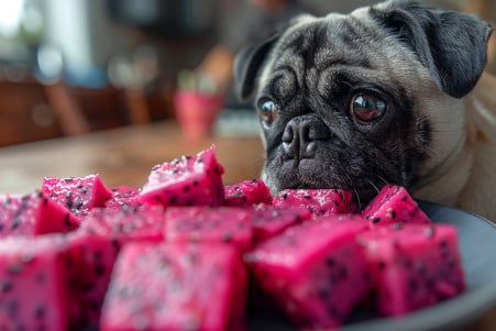 Curious Pug dog cautiously examining a plate of cubed dragon fruit