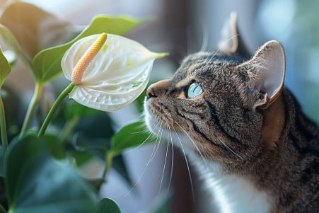 Close-up of a cat sniffing a white anthurium flower, with a cautious expression