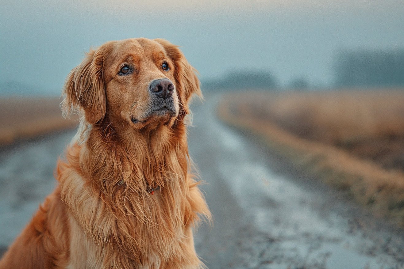 Golden retriever with a fluffy, golden coat sitting by a rural road at dusk, looking for its missing owner