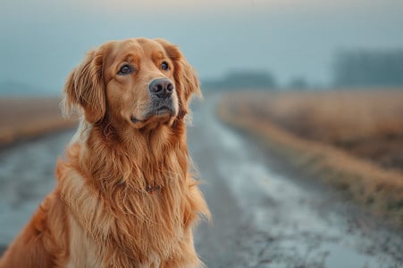 Golden retriever with a fluffy, golden coat sitting by a rural road at dusk, looking for its missing owner