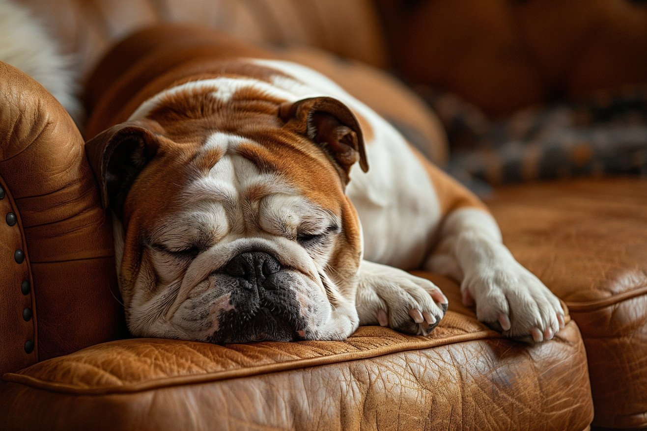 An elderly Bulldog curled up on a couch, its legs moving in short bursts as it lets out a quiet whimper