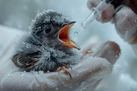 Close-up of a gloved hand using an eyedropper to feed a gaping-mouthed baby bird with grey feathers