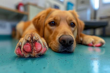 Close-up of a dog's swollen, reddish paw pad on a clinical examination table