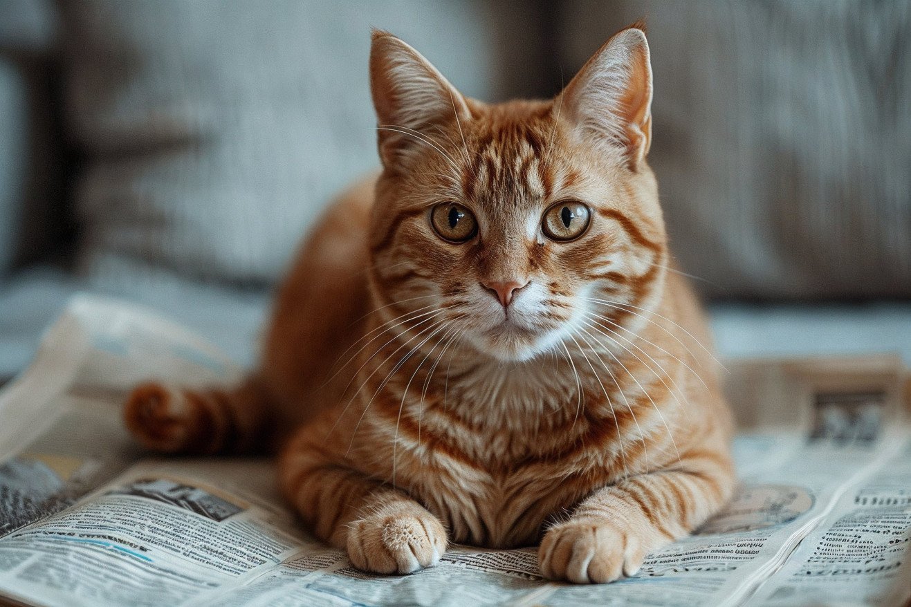Orange tabby cat sitting on top of a newspaper, with a content expression and paws carefully placed on the pages
