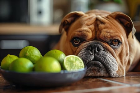 Bulldog with a concerned look staring at a bowl of lime slices on a tiled kitchen floor