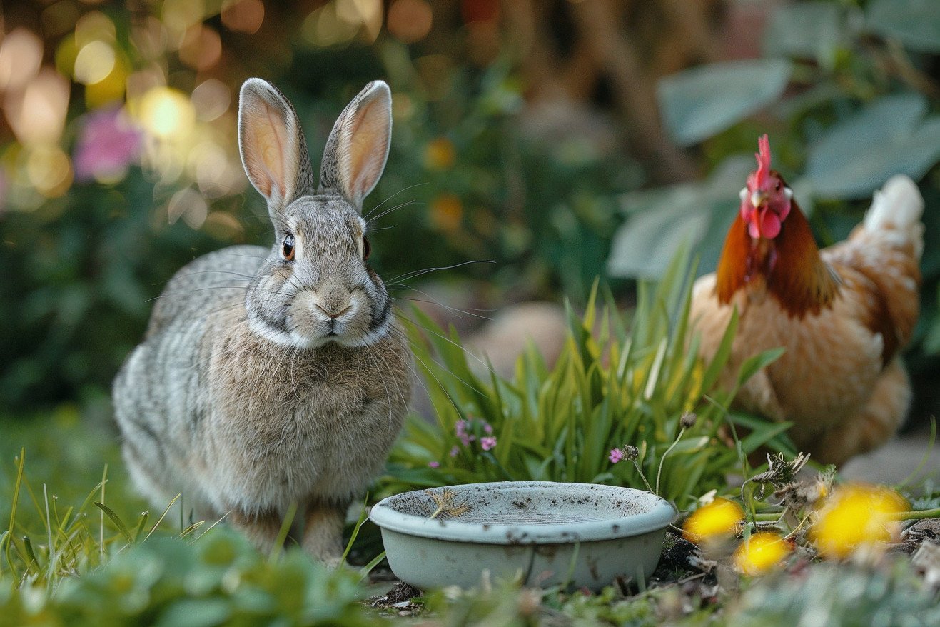 A large grey Flemish Giant rabbit hopping alongside a Rhode Island Red chicken in a grassy backyard setting
