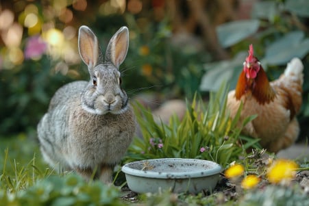 A large grey Flemish Giant rabbit hopping alongside a Rhode Island Red chicken in a grassy backyard setting