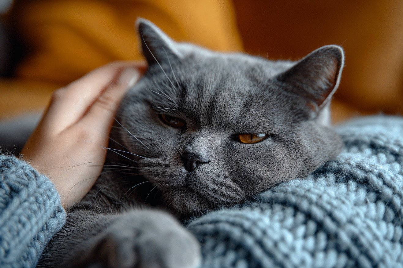 Owner gently touching the ears of a relaxed blue British Shorthair cat in a cozy living room