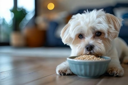 Shih Tzu dog sniffing a bowl of sesame seeds on the floor