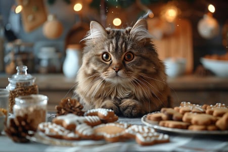 Fluffy Persian cat with a pensive expression looking at a plate of gingerbread men on a kitchen counter