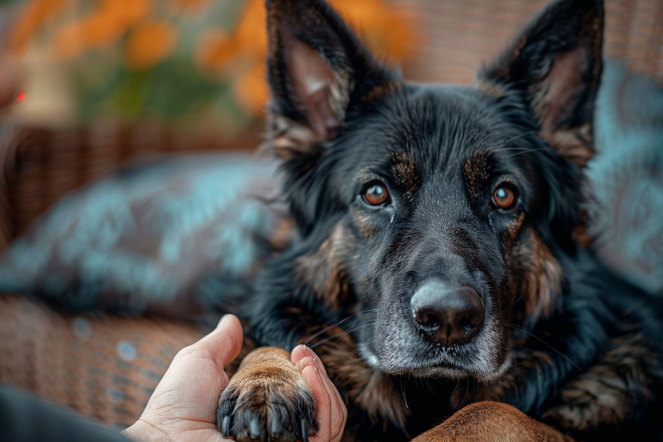 A black German Shepherd dog sitting calmly while a person uses a Dremel tool to file down its black nails