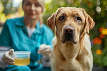 Patient Labrador retriever standing as its owner gently collects a urine sample in a sterile container