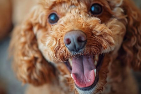Close-up of a standard poodle with a curly, light brown coat licking its nose in a cozy, blurred interior setting