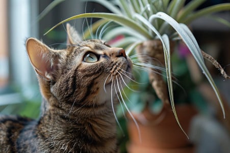 Closeup of a tabby cat sniffing an air plant, with the plant slightly out of focus in the background